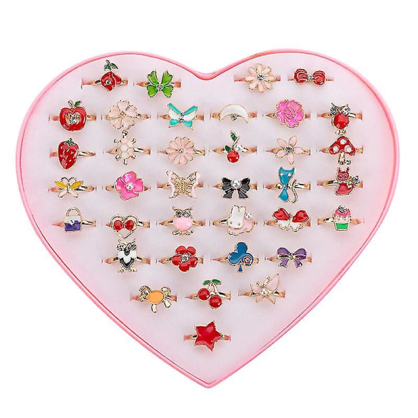 36pcs Little Girl Adjustable Rings In Box Children Kids Jewelry Rings Set With Heart Shape Display Case