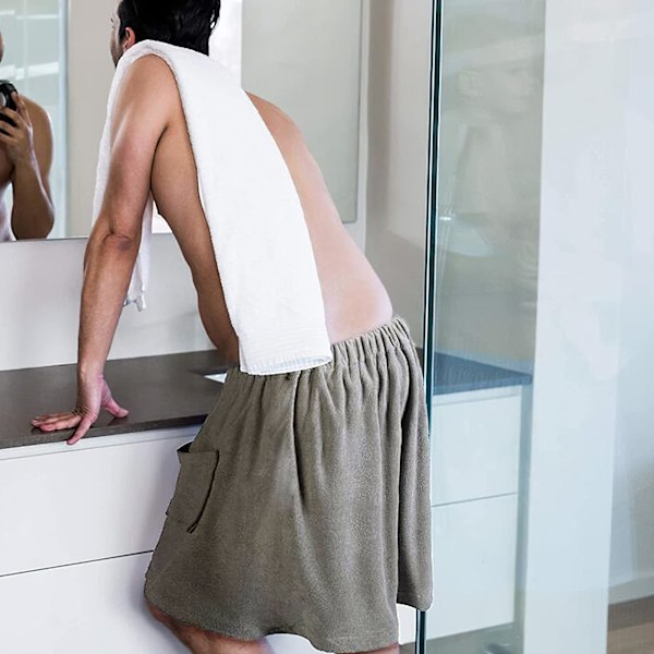 Justerbar badhanddukskjort för män - Bärbar handdukskjol med ficka för gym, dusch, bastu, spa och strandkläder Grå M Gray
