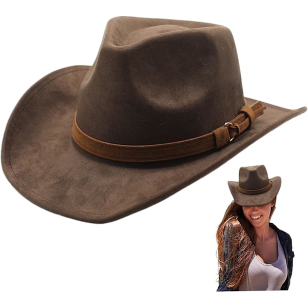 Brun cowboyhatt, cowboyhatt bredbrättad westernhatt brun cowboyhatt med bältesspänne mocka cowgirlhatt för män och kvinnor maskerad