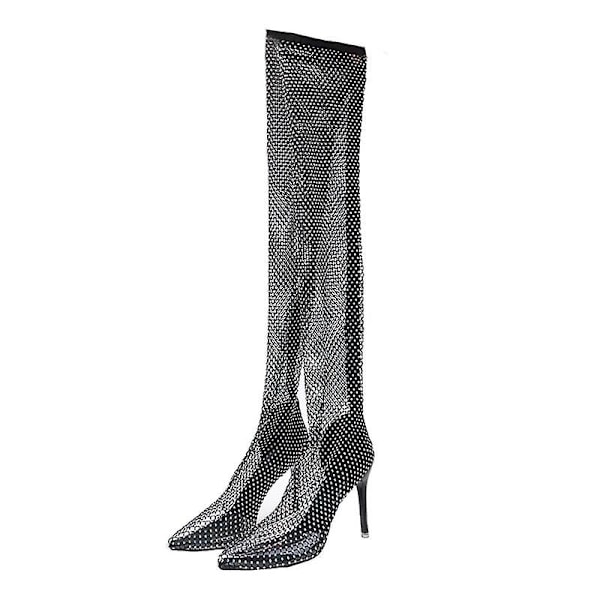 Dam glitter strass stövlar lår högt över knäet Klackar Sexig stilett Black Black 40