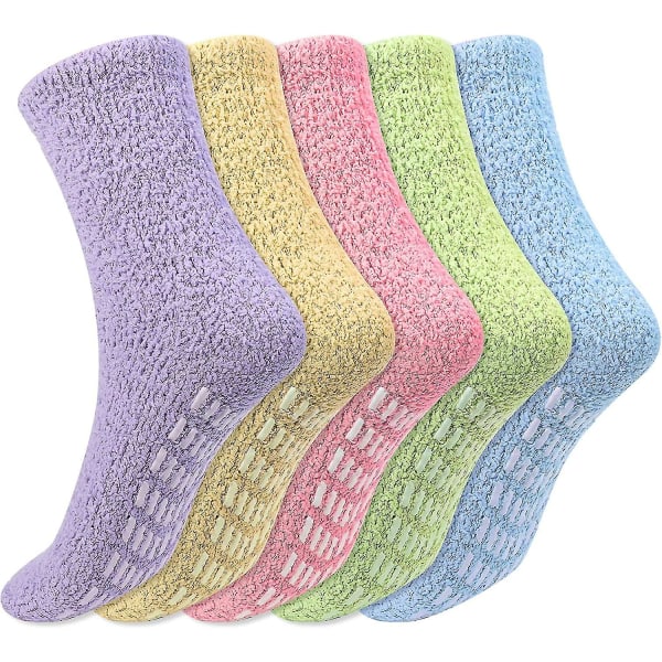 5 Pairs Women Fluffy Socks, Fuzzy Soft Warm Cosy Crew Socks With Non Slip Grips