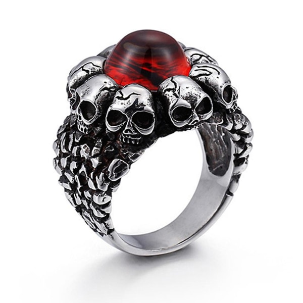 Stylish Skull Shape Ring With Gem Titanium Steel Anti-fading Ring Finger Decoration Red Number 10