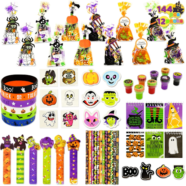 144-dels Halloween-festuppsättning Halloween-papper inkluderar Halloween-pennor, linjaler, suddgummin, anteckningsblock