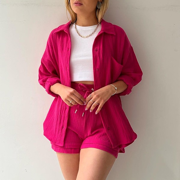 Skrynklig krage för kvinnor, långärmad skjorta, shorts med dragsko med hög midja, moderiktigt casual set i två delar rose M rose m
