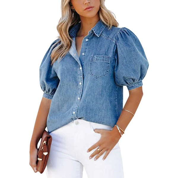 HAUFR puffärmad jeansskjorta dam med knapp och v-ringad sommartröjor Jean  Blue Blusar Blue X-Small 83d5 | Blue | X-Small | Fyndiq