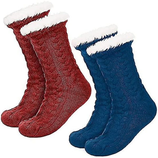 2 par varme hjemmesko til kvinder Fuzzy sokker Fleece-forede skridsikre hjemmesko sokker blue
