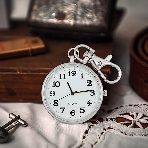 Sølv Quartz Lommeur med Nøglespænde, Rund Lommeur, Nøglering, Bærbar Unisex Ur til Børn, Mænd, Sygeplejersker, Kvinder