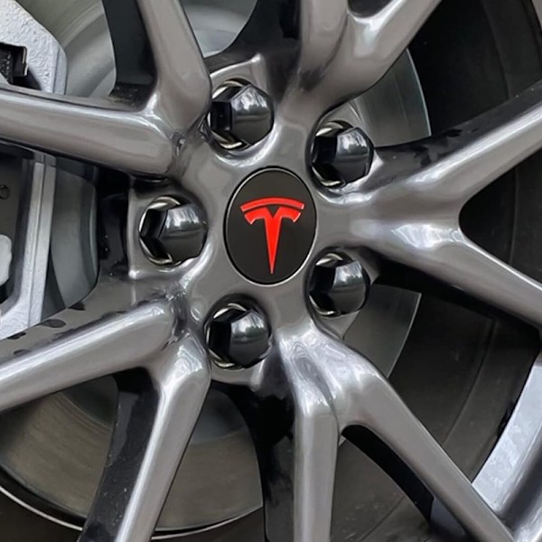 4-Pak - Tesla Centerkapsler / Hjulkapsel Emblem - Bil 77 Svart/röd