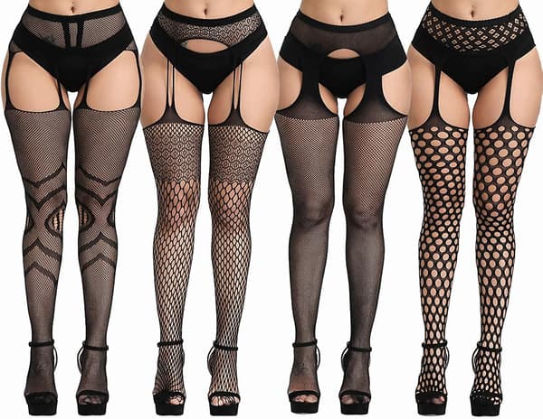 Plus Size netstrømper, sorte netstrømpebukser Lår høje strømper Suspender Strømpebukser 4 stk.