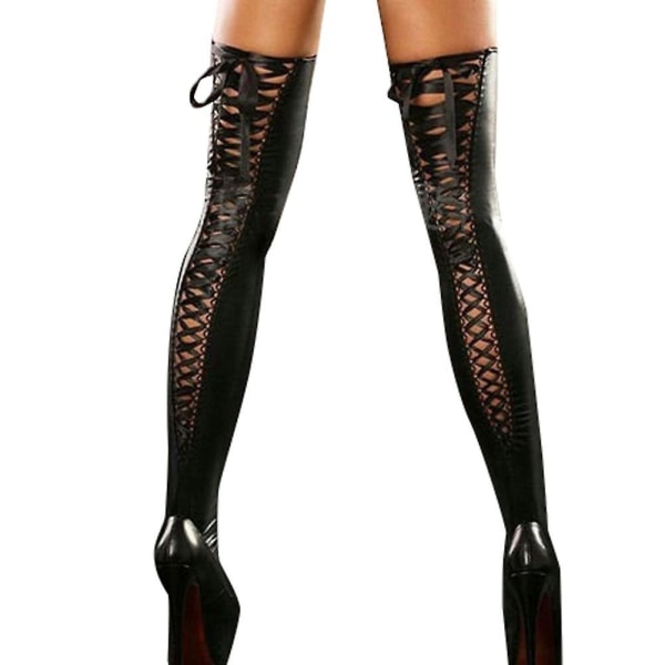 Sexy Club Women Thigh-high Stockings Faux Leather Lace Up Bandage Long Socks City Black
