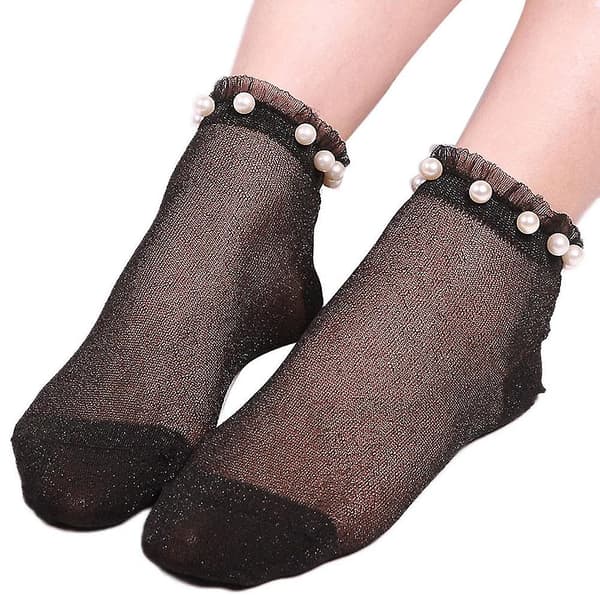 Sexy kvinner Faux Pearl Glitter Transparent Low Cut elastiske korte ankelsokker Black-Silver