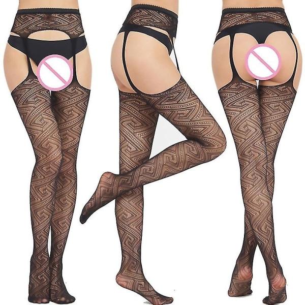 Kvinnor Black Laceard Fishnet Tights Suspender Lår Hög Strumpbyxa Hög midja