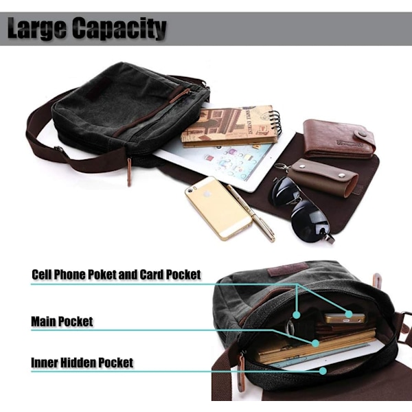 Herr axelväska, canvas crossbody väska, 13,3 tum laptop väska