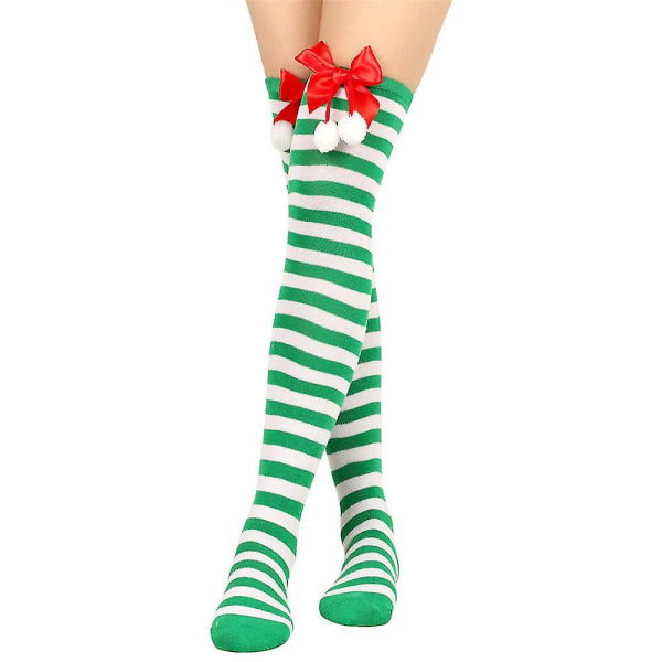 Striped/solid Long Stockings Christmas Pompom Bowknot Long Socks Thigh High Socks Over The Knee Socks Xmas Green And White