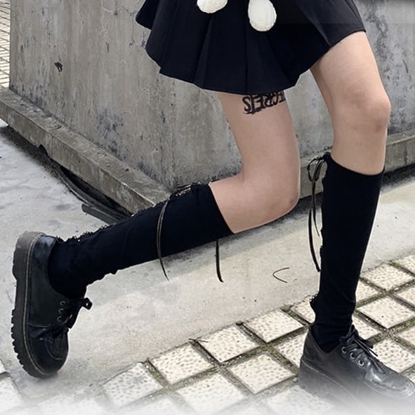 Kvinnor Gothic Kawaii bomull Knähöga strumpor japansk stil kors och tvärs snörning band Bandage Rosett Lolita strumpor