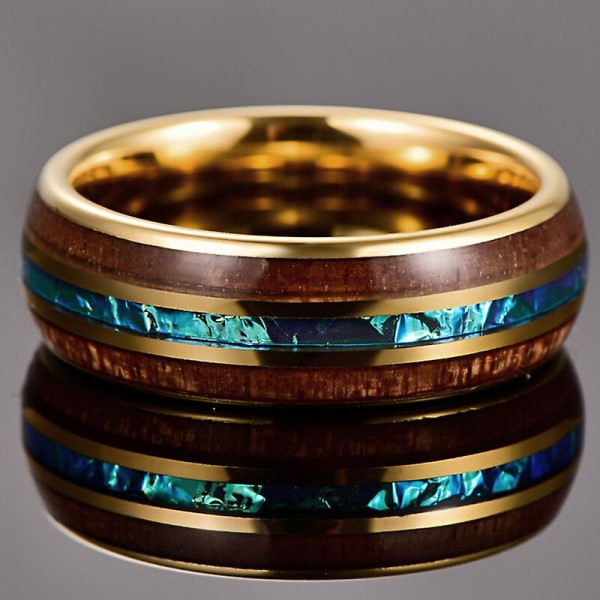 Förlovning för mäns gåva 8 mm bred elektropläterad guld inlagd akacia + imitation Opel Dome Tungsten stålring smycken 11
