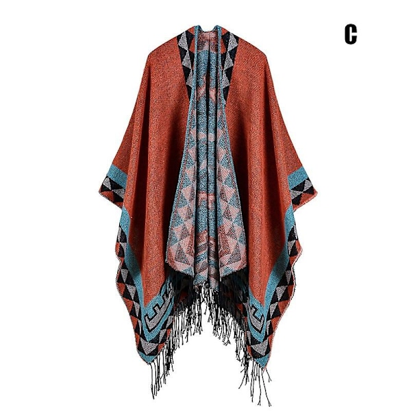 Printed tofs, öppen front Poncho Cape Klassisk elegant omlottsjal Vintage Cardigans filt H