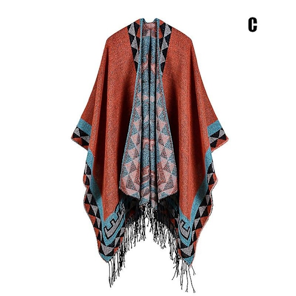 Printed tofs, öppen front Poncho Cape Klassisk elegant omlottsjal Vintage Cardigans filt L