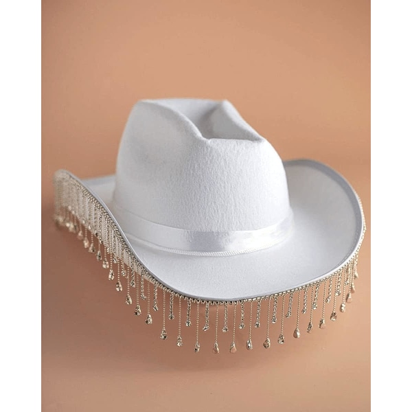 Hvit cowboyhatt for kvinner, med skinnende rhinestone frynser