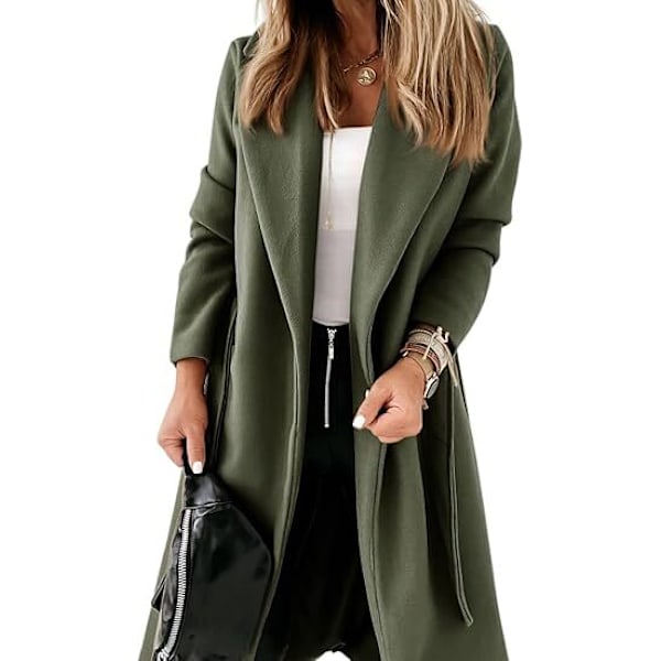 Dam kappa med slagkrage, öppen framtill, bälte, lång jacka green green XXL