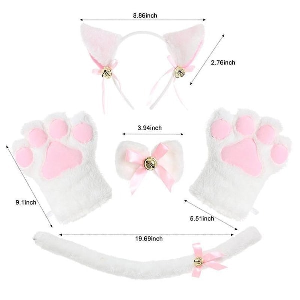 Katt Cosplay Kostym Set - Kattunge Svans, Öron, Krage, Tassar, Handskar - Halloween Tillbehör (5 st)