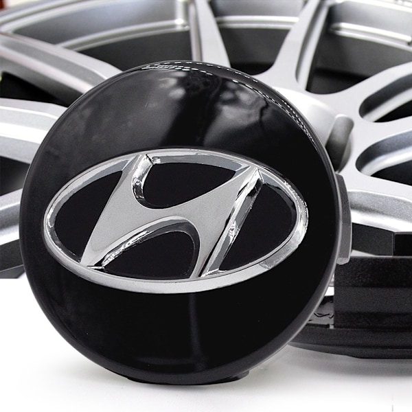 4-Pakning - Hyundai Sentrumskapsler / Hjulkapsel Emblem - Bil 65 60mm - Svart