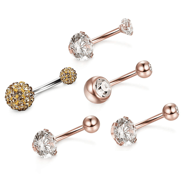 5 STK/ Set Rostfritt stål Kristall Navel Ringar Bar P Silver