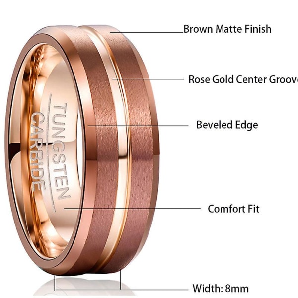 8 mm Tungsten Ringer Rose Gull Rillet Midt Matt Finish Bryllupsbånd polerte skråkanter 8.5