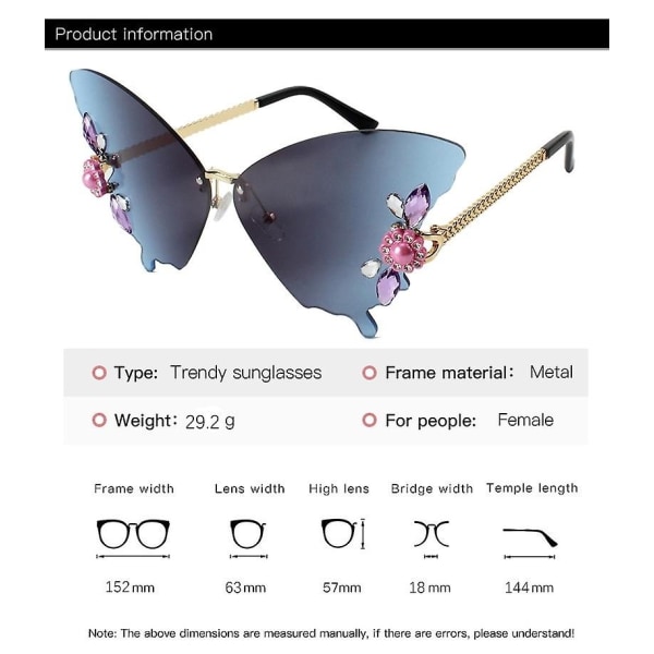 Kehyksetön leikattu perhonen muotoinen ulkomaankauppa Hauskat aurinkolasit timantteihin upotettu värikäs hipsteri Gradient Gray