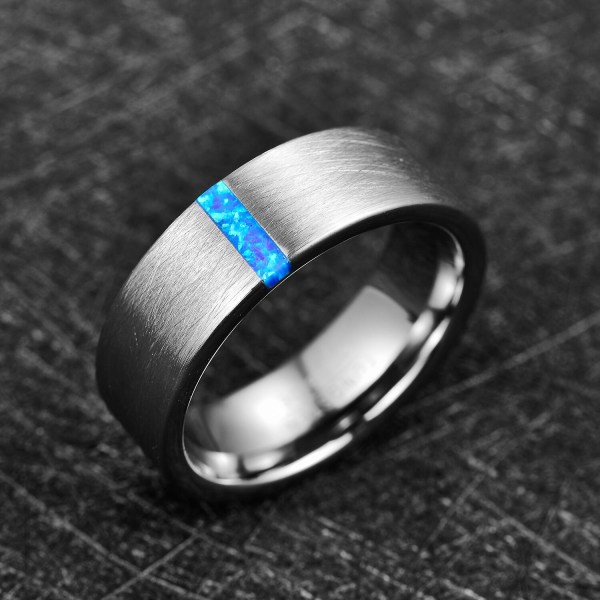 Nuncad 8 mm Bredde Herrering Bryllupsring Forlovelsesring Indlagt Blå Opal Overflade Børstet Tungsten Carbide Ring 9