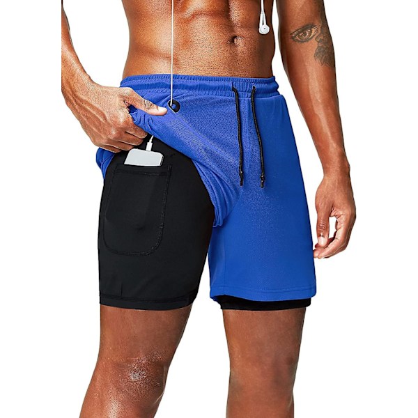 2 i 1 löparshorts med telefonficka Gym Workout Snabbtorka herrshorts 5 tum Blue Blue X-Large