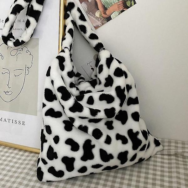 Cow Print Skuldertasker Plys Satchel Casual Crossbody Tasker Retro Tote Håndtaske Black and White