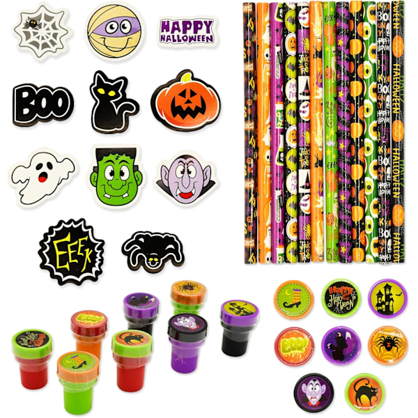 144-dels Halloween-festuppsättning Halloween-papper inkluderar Halloween-pennor, linjaler, suddgummin, anteckningsblock