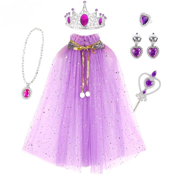7 stk Princess Cape Sæt Piger Prinsesse Fest Cosplay Kappe Med Tiara Crown Wand Til Små Piger Dress Up Lad som Leg Purple