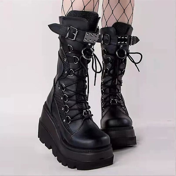 Platformstövlar damer Spänne rem Punk Goth Boot Dam Gothic Snörskor Sz Black Black EU 40