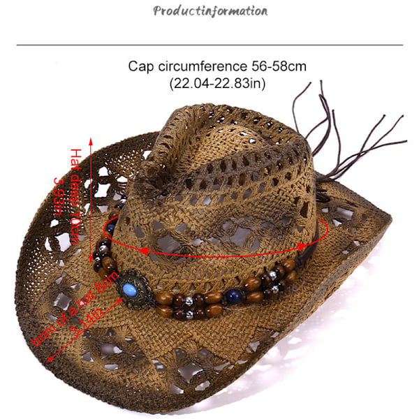Laaja-reunainen olkihattu miehille ja naisille - Hengittävä aurinkohattu helmi-koristelulla ulkoiluun, rannalle ja matkalle - Western-tyyli