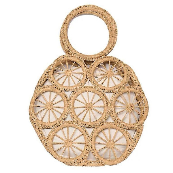 Stråvævet taske Top-håndtag hul håndtaske Retro sommer strandtasker Rattan taske Brown