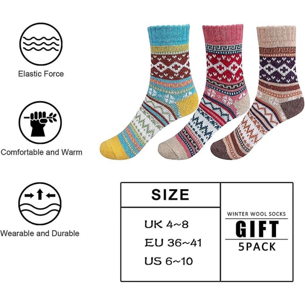 5 par dame vinter ull sokker pustende myke tykke sokker - fargerik farge
