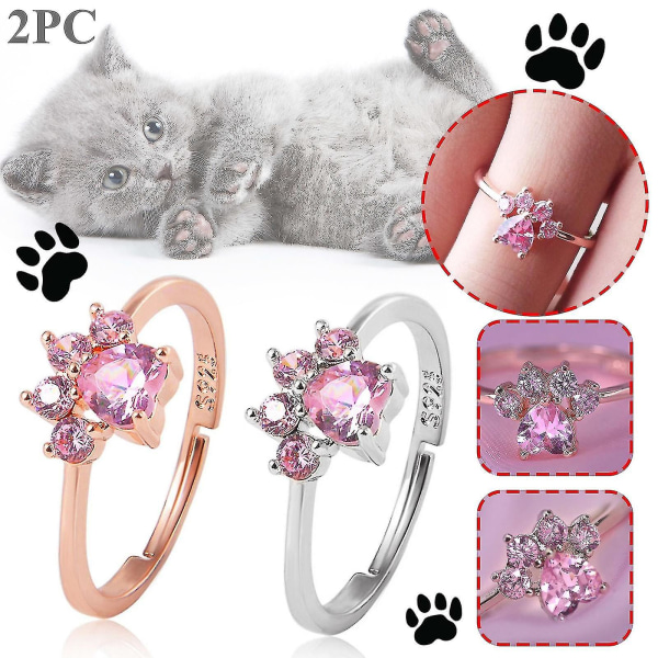 Sajy Justerbar Cat Paw Design Ring med Cubic-zirconia för katt och silver