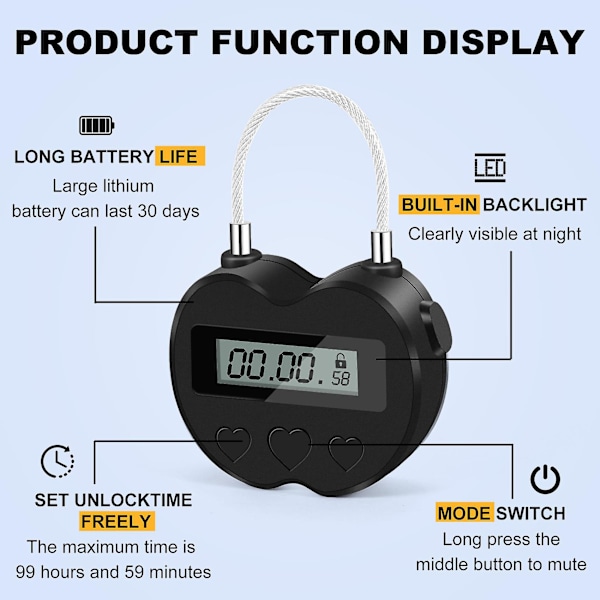 Smart tidslås LCD-skärm Tidslås Multifunktionell elektronisk timer för resor, Vattentät USB uppladdningsbar temporär timerhänglås