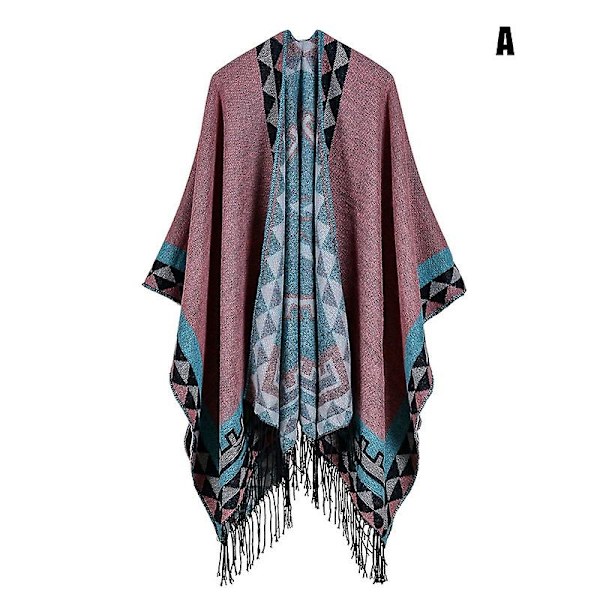 Printed tofs, öppen front Poncho Cape Klassisk elegant omlottsjal Vintage Cardigans filt H