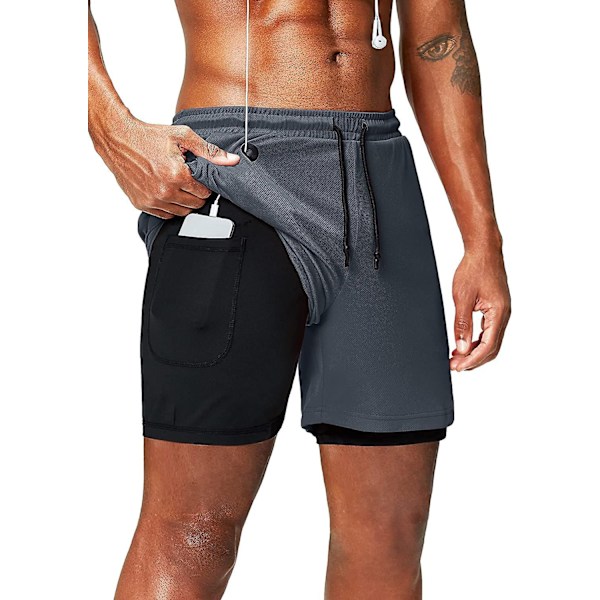 2 i 1 löparshorts med telefonficka Gym Workout Snabbtorka herrshorts 5 tum Grey Grey Medium