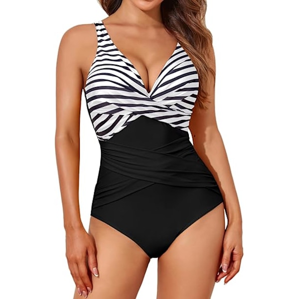 Badedragter til kvinder med mavekontrol, slankende heldragt, retro rynket push-up, polstret vintage Black Stripe Top Black Stripe Top XL