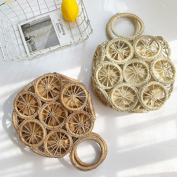 Stråvævet taske Top-håndtag hul håndtaske Retro sommer strandtasker Rattan taske Brown