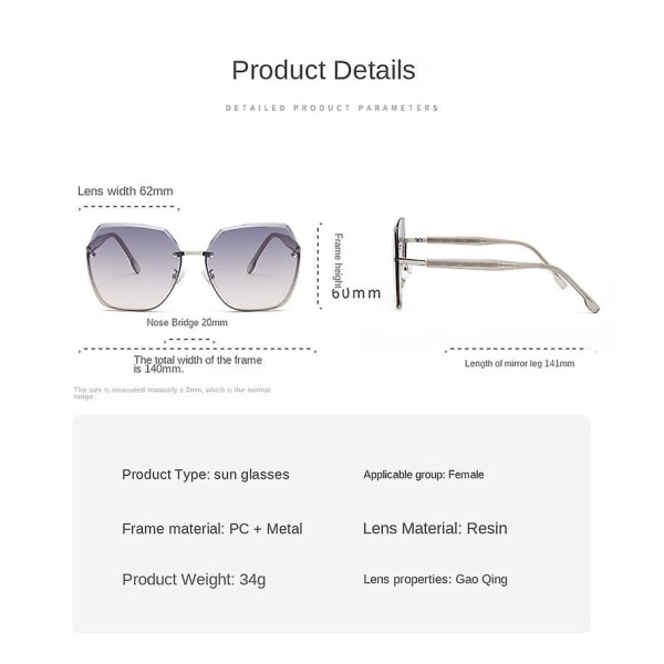 Light Luxury Glasses Dame Stor Frame Solbriller Gradient Rimless Solbriller Mote med Light Mak Gold frame gradient purple col