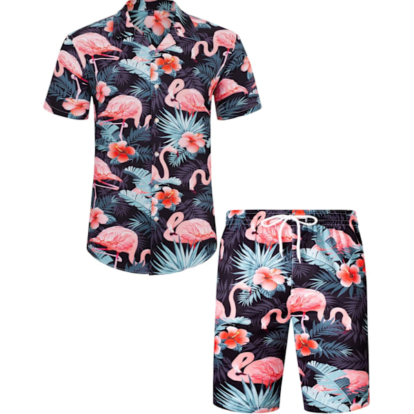 Miesten Havaiji-paita ja shortsit -setti Regular Fit lyhythihainen rento funky ranta flamingo paita setti L L Black Dark Flamingo