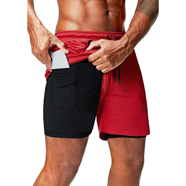 2 i 1 löparshorts med telefonficka Gym Workout Snabbtorka herrshorts 5 tum Red Red XX-Large