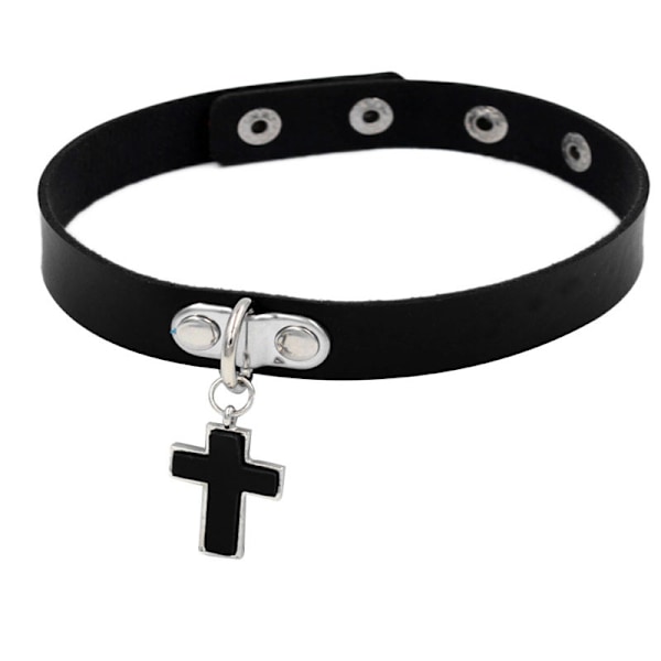 2 stk. sort punk gotisk choker halskæde pu læder hjerte nitter halskæde justerbar blød kæde halskæde (Korset)