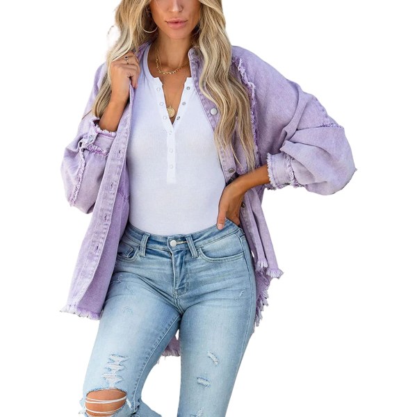 HAUFR jeansjacka dam jeansjacka sliten tvättad jeansjacka med knäppning  Distressed riven jeanjacka med fickor Purple Medium a2b5 | Purple | Medium  | Fyndiq