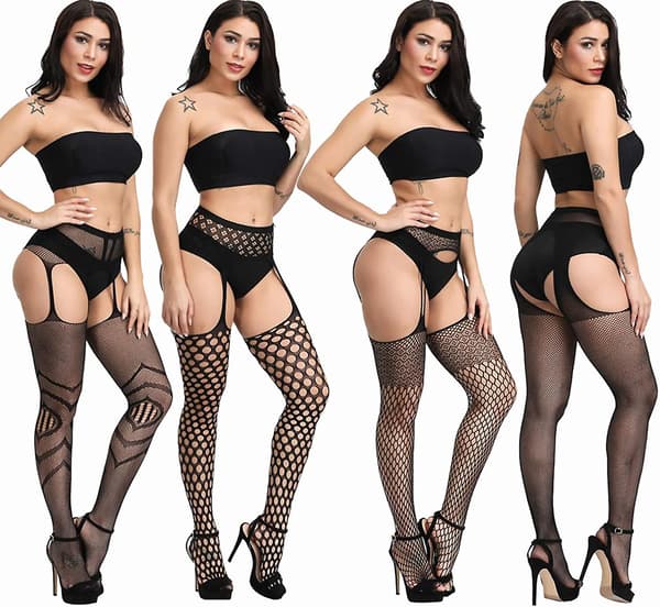 Plus Size netstrømper, sorte netstrømpebukser Lår høje strømper Suspender Strømpebukser 4 stk.